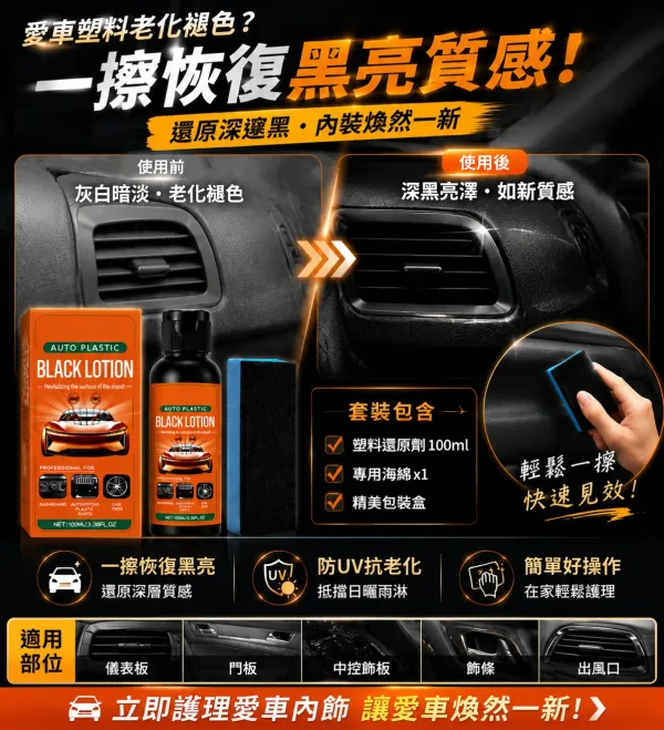 😫 愛車塑料曬到泛白？ 🚗 看起來舊舊沒質感？ 塑料還原劑 簡單塗抹立即改善視覺效果 🌟 儀表板 🌟 門板飾條 🌟 保桿塑料件 一瓶多用途 讓愛車恢復乾淨俐落感！